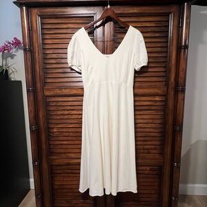 Zara Linen Blend, V Neck, Smocked Back, Lined Midi Dress Ivory Size Large